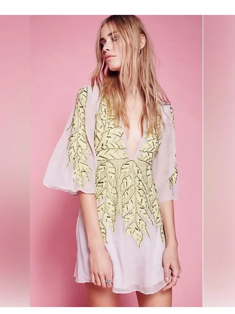 Free People Pale Pink Mini Dress with Yellow Embroidered Leaf Detail